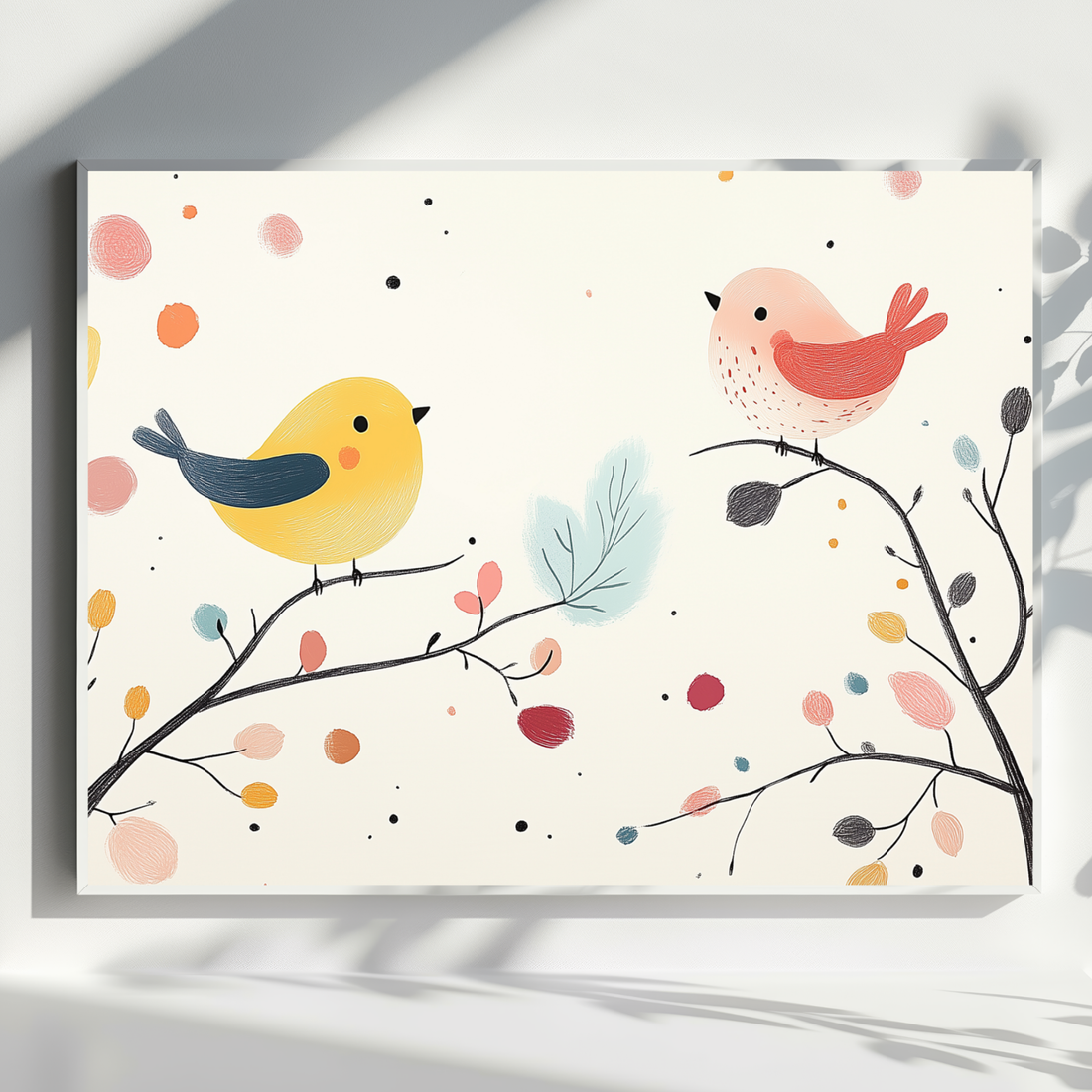 Vibrant Avian Duo: Colorful Birds on Branch with Abstract Leaf Backdrop. High Resolution Digital Download 300 DPI