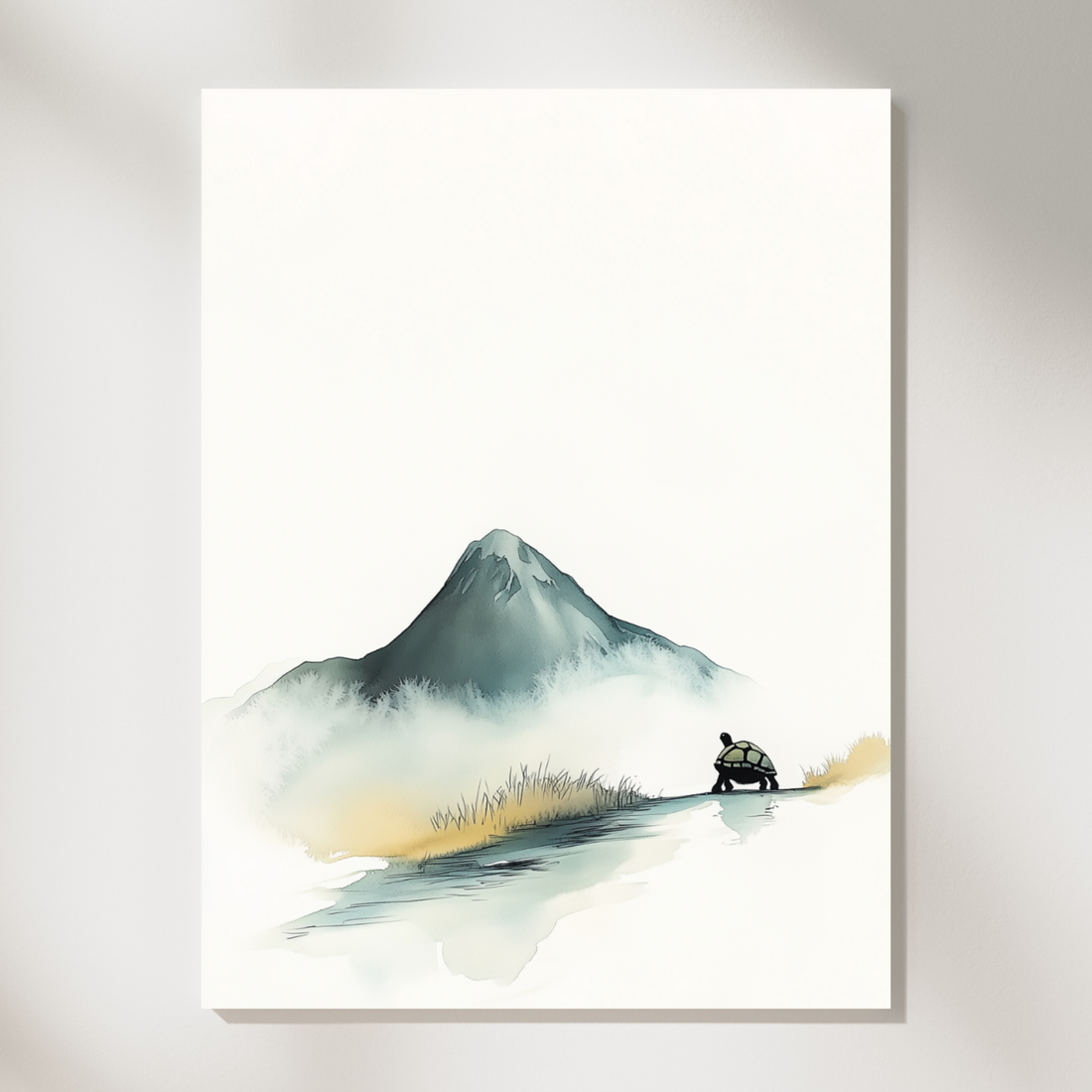 Serene Minimalist Ink Painting, Gentle Mountain Peak and Turtle in Autumn Hues. High Resolution Digital Download 300 DPI