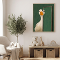 Peeking goose art above toy storage with a teddy bear