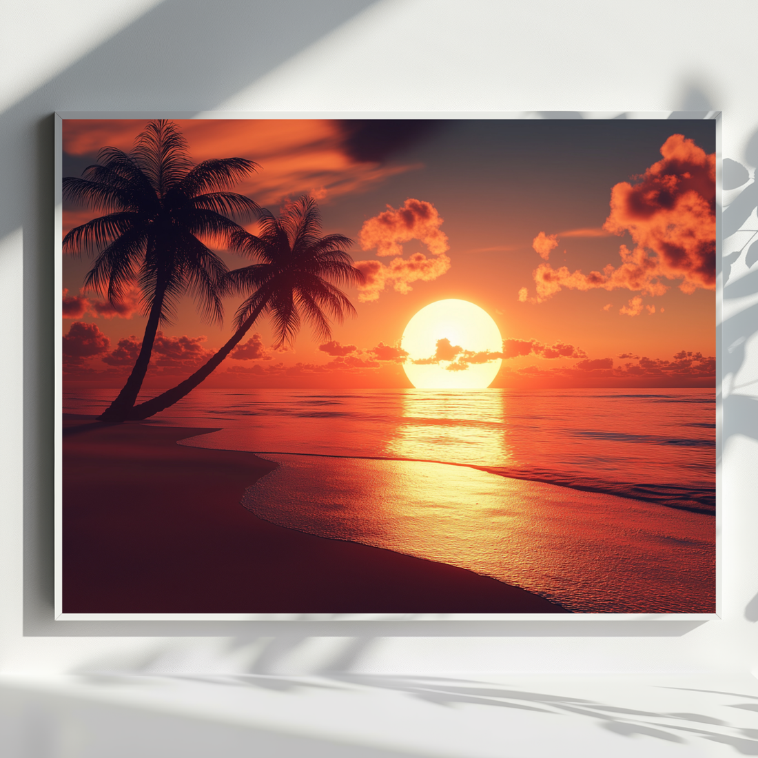 Golden Hour Paradise, Expansive Beach Sunset with Palm Silhouettes Art. High Resolution Digital Download 300 DPI.