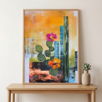 Desert Bloom Oasis, Cactus Flowers Rock Formation Green Orange Wall Art. High Resolution Digital Download 300 DPI.