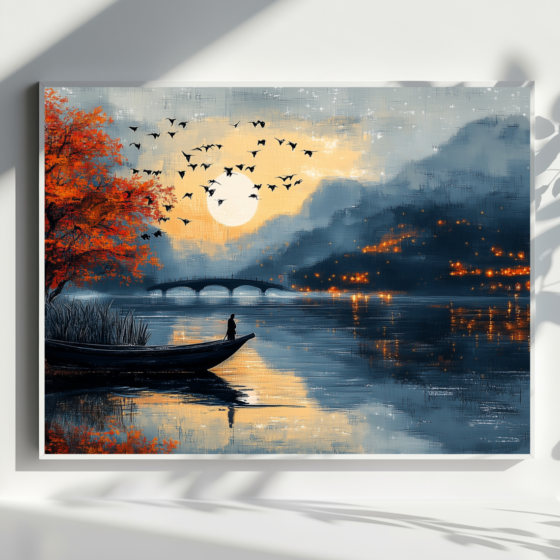 Serene Lakeside Sunset, Man in Boat with Bridge and Birds. High Resolution Digital Download 300 DPI.