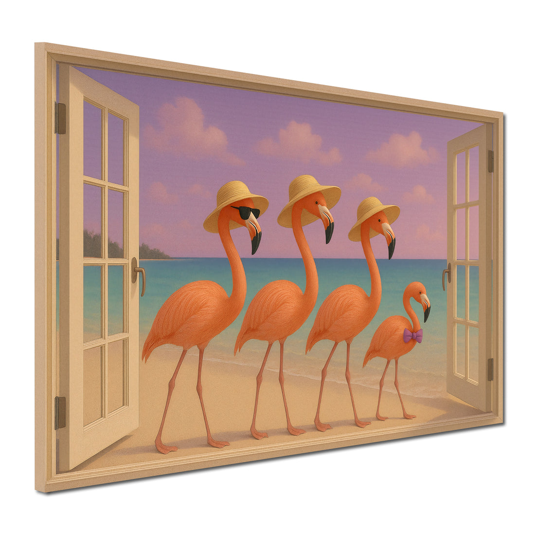 Whimsical Flamingo Beach Scene Through Sunset Doorway in Pastel Art. High Resolution Digital Download 300 DPI.