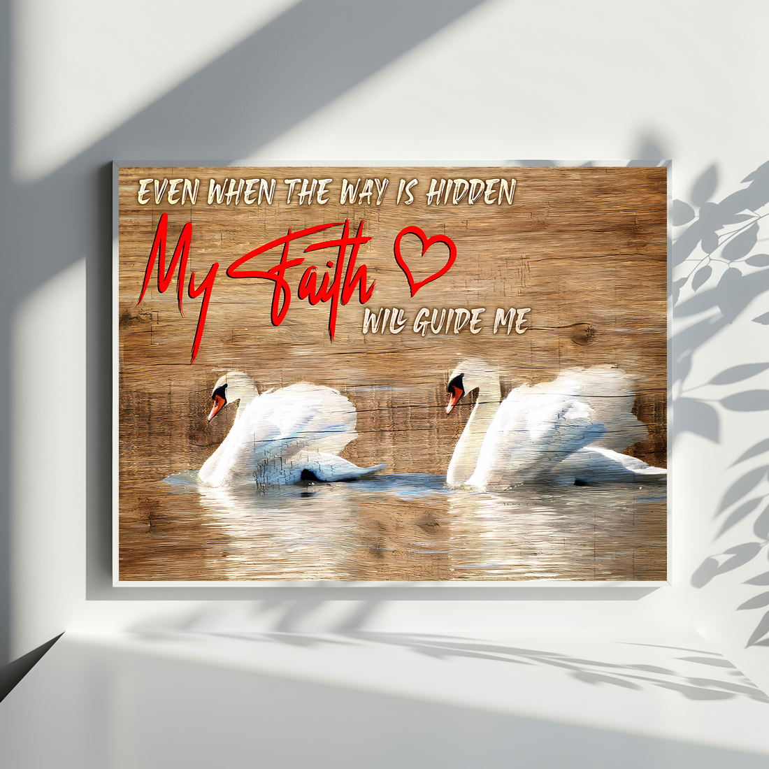 Faith Inspired Swan Artwork with Rustic Wood Background and Uplifting Message. High Resolution Digital Download 300 DPI.