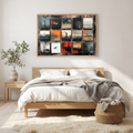 Polaroid collage art above a bed