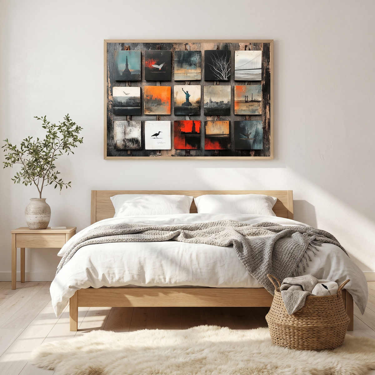 Polaroid collage art above a bed