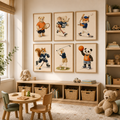 Sports animal prints above toy shelves