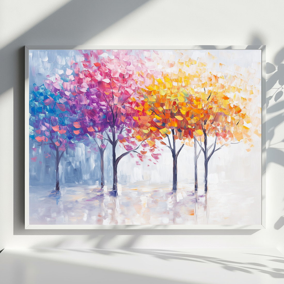 Whimsical Forest Dreams, Vibrant Abstract Trees in Misty Impressionist Landscape. High Resolution Digital Download 300 DPI