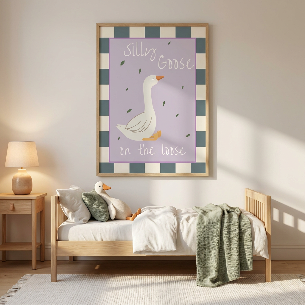 A framed nursery art print featuring a white goose on a lavender background with the words 'Silly Goose on the loose,' displayed above a wooden bed in a softly lit child's bedroom.