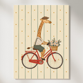 Vintage print of a giraffe riding a red bicycle