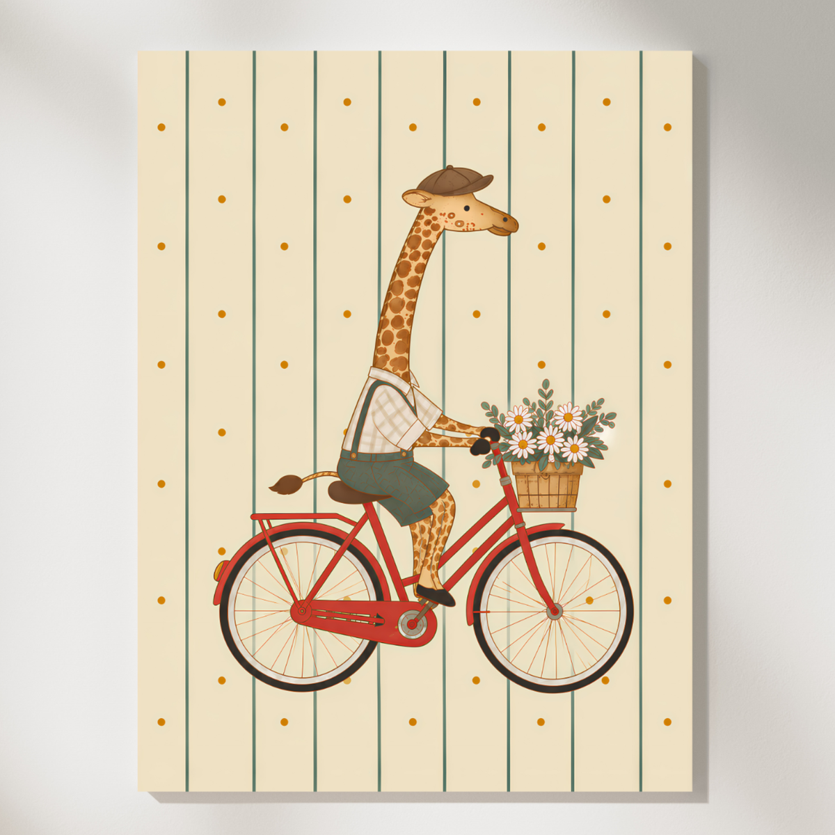 Vintage print of a giraffe riding a red bicycle