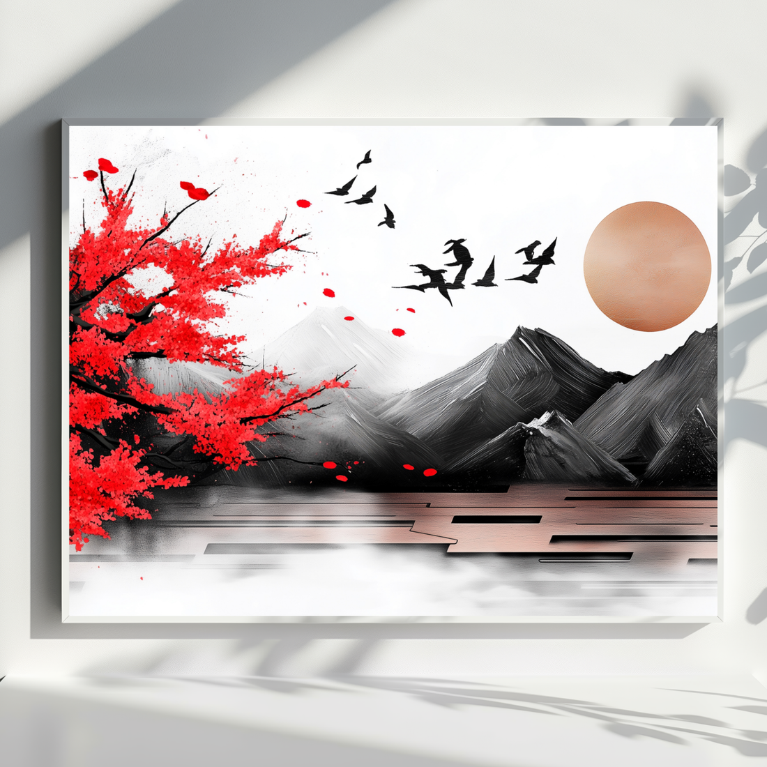 Striking Sunrise, Red Cherry Blossom and Black Birds Mountain Art. High Resolution Digital Download 300 DPI.