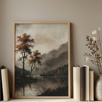 Vintage Mountain Lake Oil Painting, Moody Autumn Landscape Wall Art Print. High Resolution Digital Download 300 DPI.