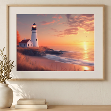 Coastal Twilight Serenity, Lighthouse Beach House Sunset Wall Art. High Resolution Digital Download 300 DPI.
