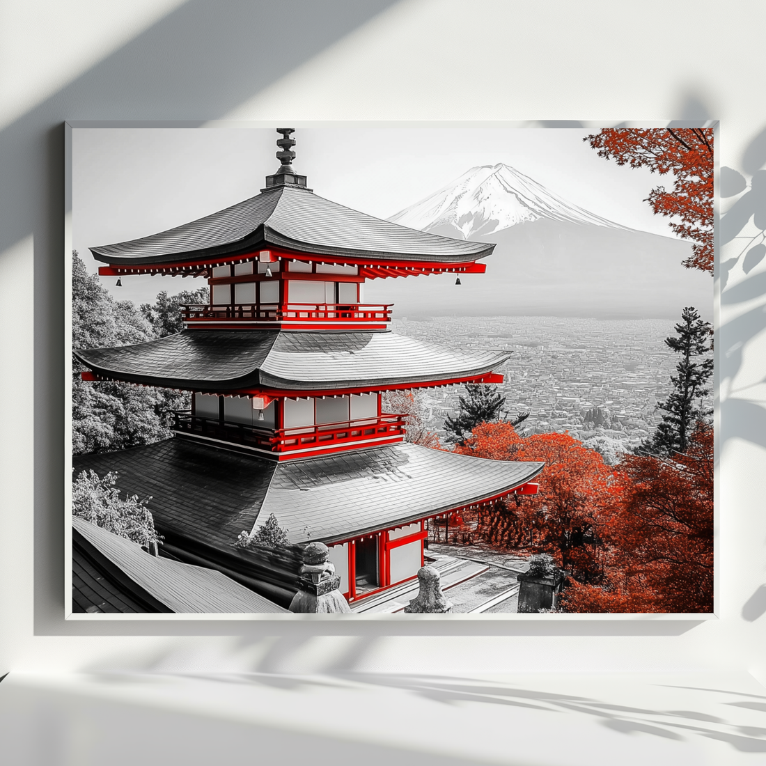 Zen Autumn Serenity, Japanese Temple in Misty Maple Forest Art Print. High Resolution Digital Download 300 DPI.