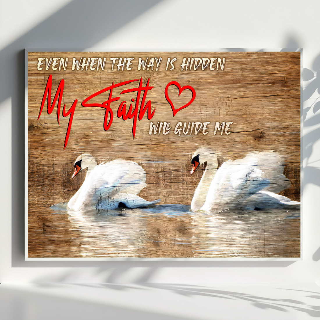 Faith Inspired Swan Artwork with Rustic Wood Background and Uplifting Message. High Resolution Digital Download 300 DPI.