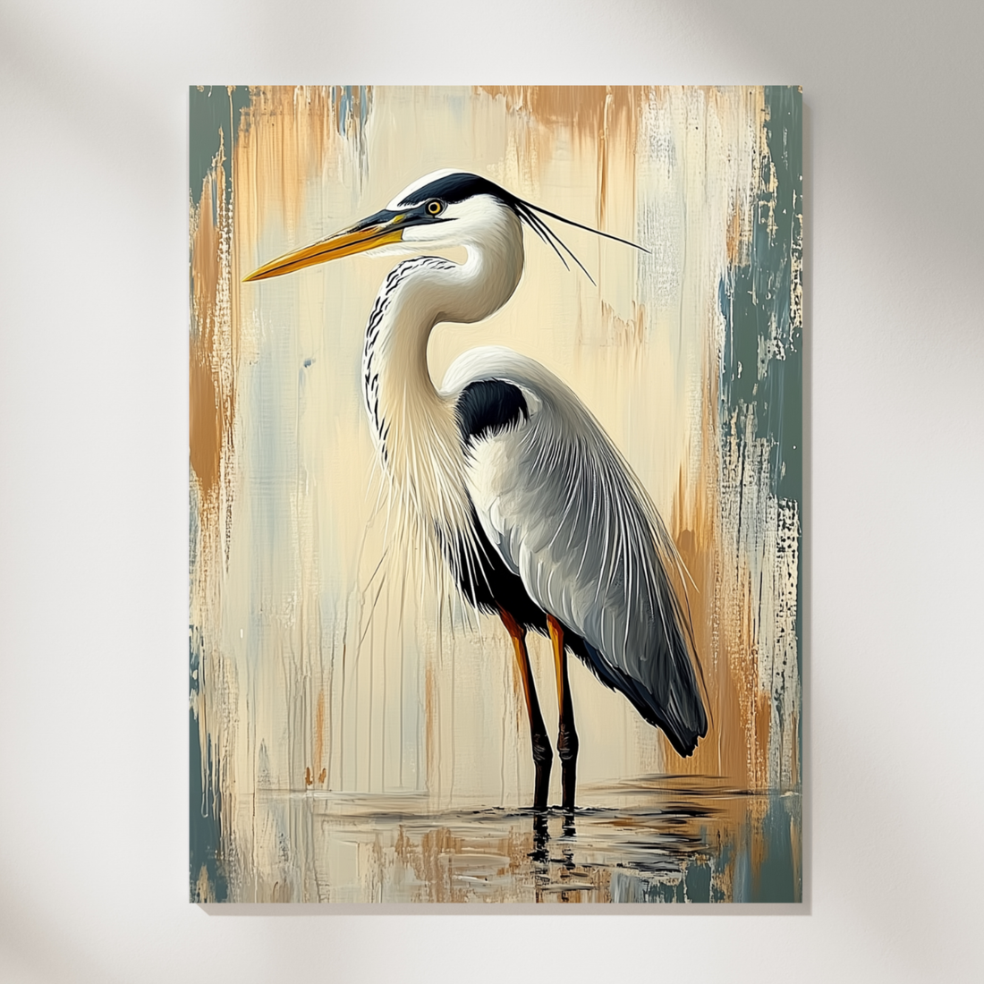 Abstract Heron Painting in Earthy Tones, Metallic Water Art. High Resolution Digital Download 300 DPI.