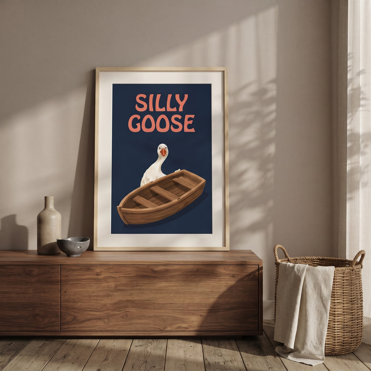 Silly goose boat print above a wooden bench
