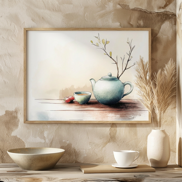 Elegant Tea Ceremony, Watercolor Painting of Green Teapot and Teacup on Wooden Table. High Resolution Digital Download 300 DPI