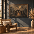 Witches and moon art on a dark wall above a wooden chair