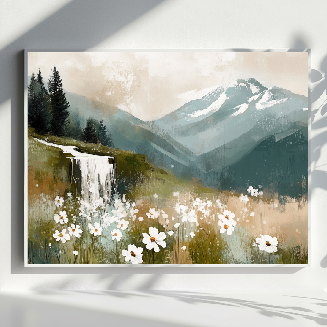 Whimsical Violet Field Wall Art Snow Mountain Waterfall Scenic Sky. High Resolution Digital Download 300 DPI.