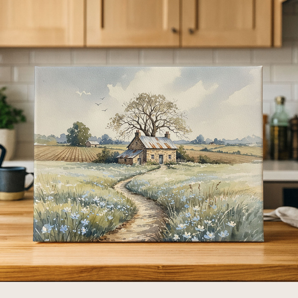 Cottage watercolor print on a wooden counter
