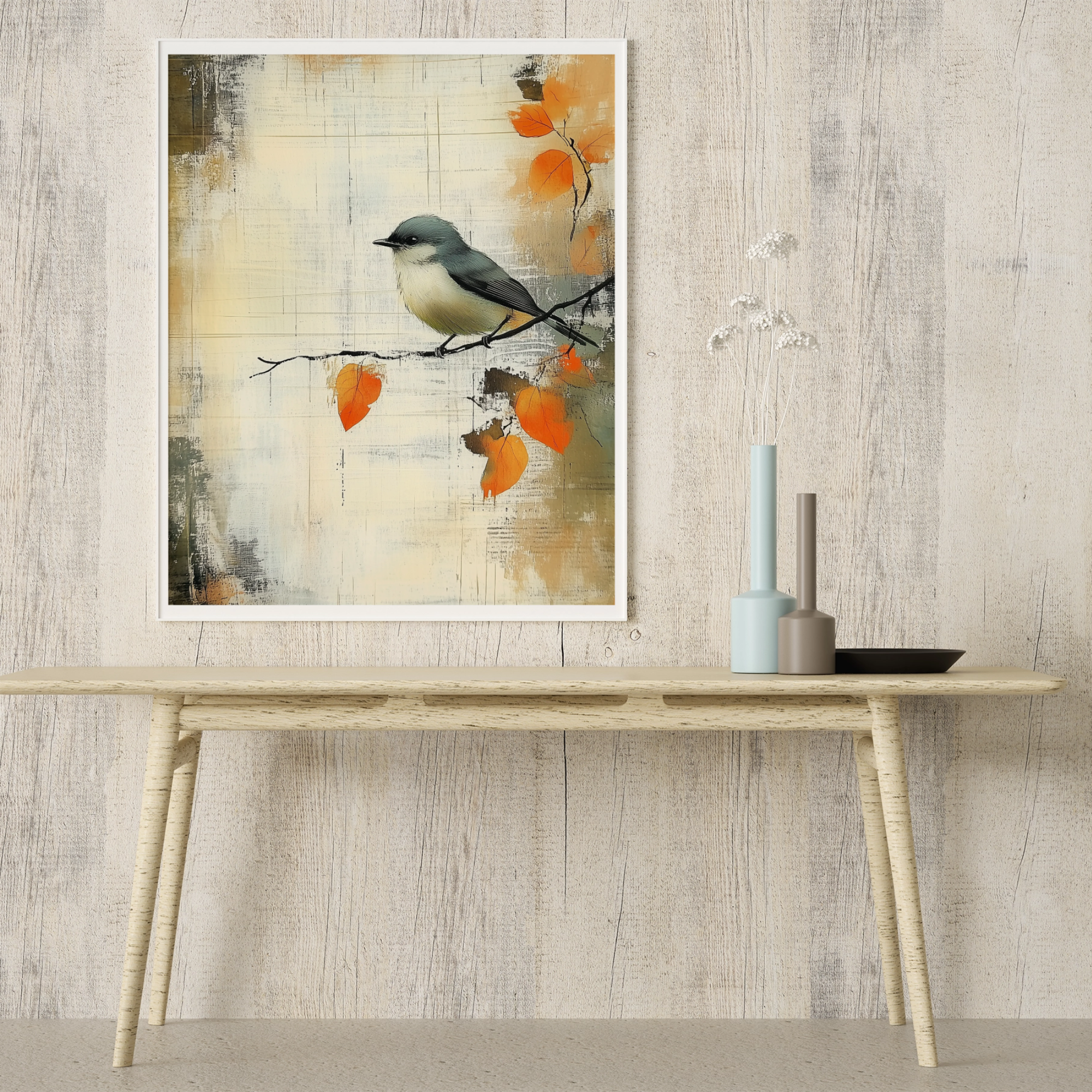 Whimsical Watercolor: Gray Bird on Branch with Orange Leaves and Vintage Paper Texture. High Resolution Digital Download 300 DPI