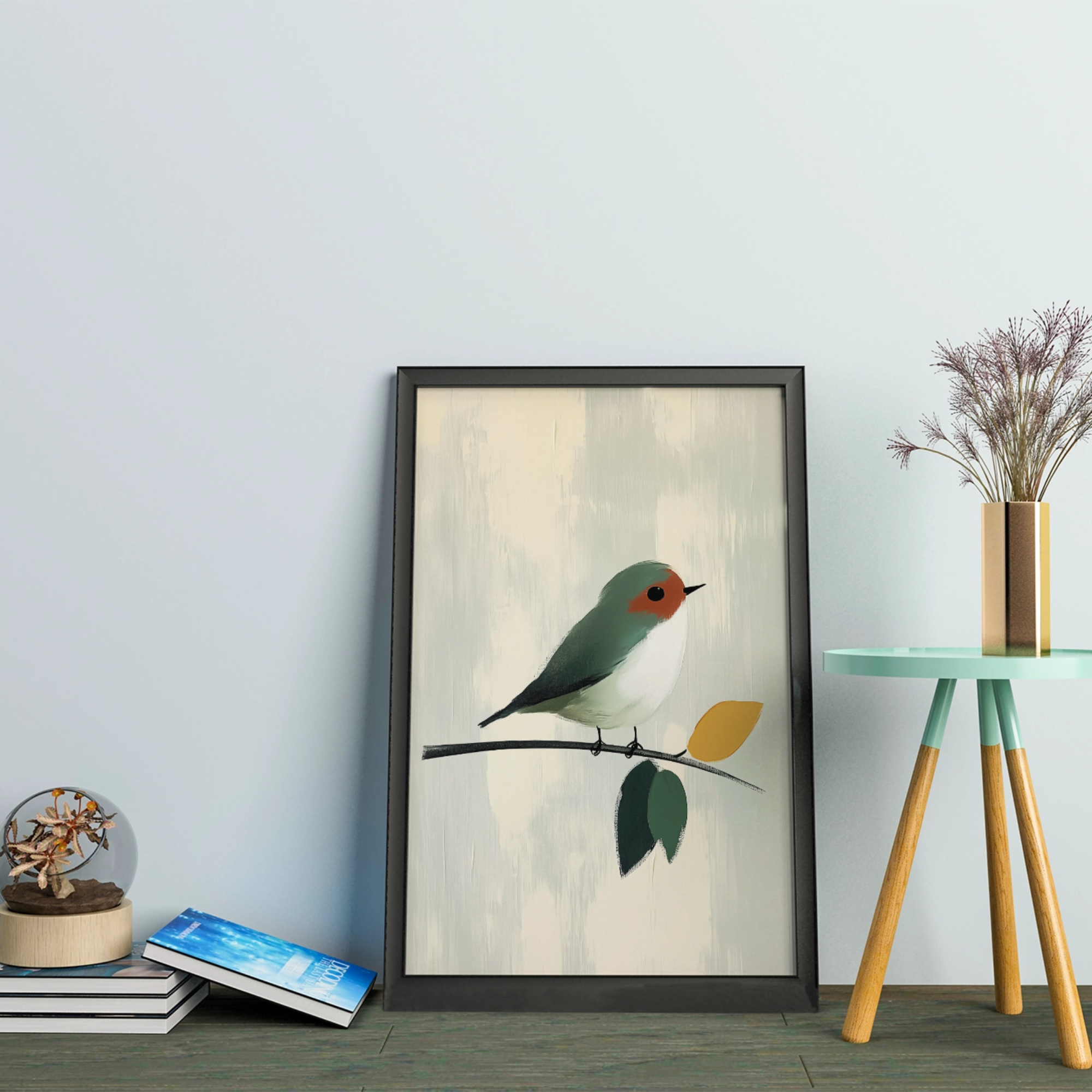 Elegant Abstract: Small Bird on Branch with Impasto Background in Muted Colors. High Resolution Digital Download 300 DPI