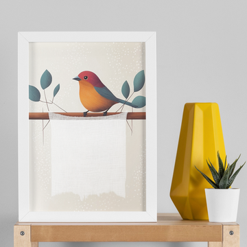 Vibrant Bird on Branch: Colorful Feathers Against Minimalist Background with Green Leaves. High Resolution Digital Download 300 DPI