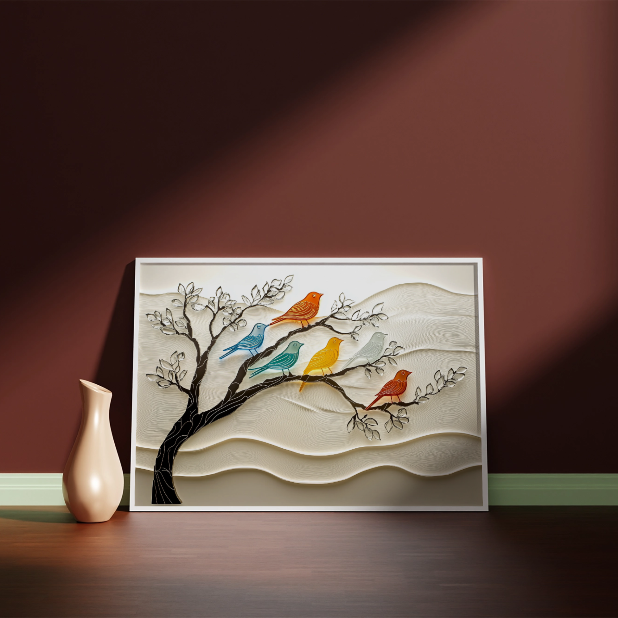 Artistic Harmony: Black Metal Tree Limb with Colorful Sea Glass Birds on Ivory Background. High Resolution Digital Download 300 DPI