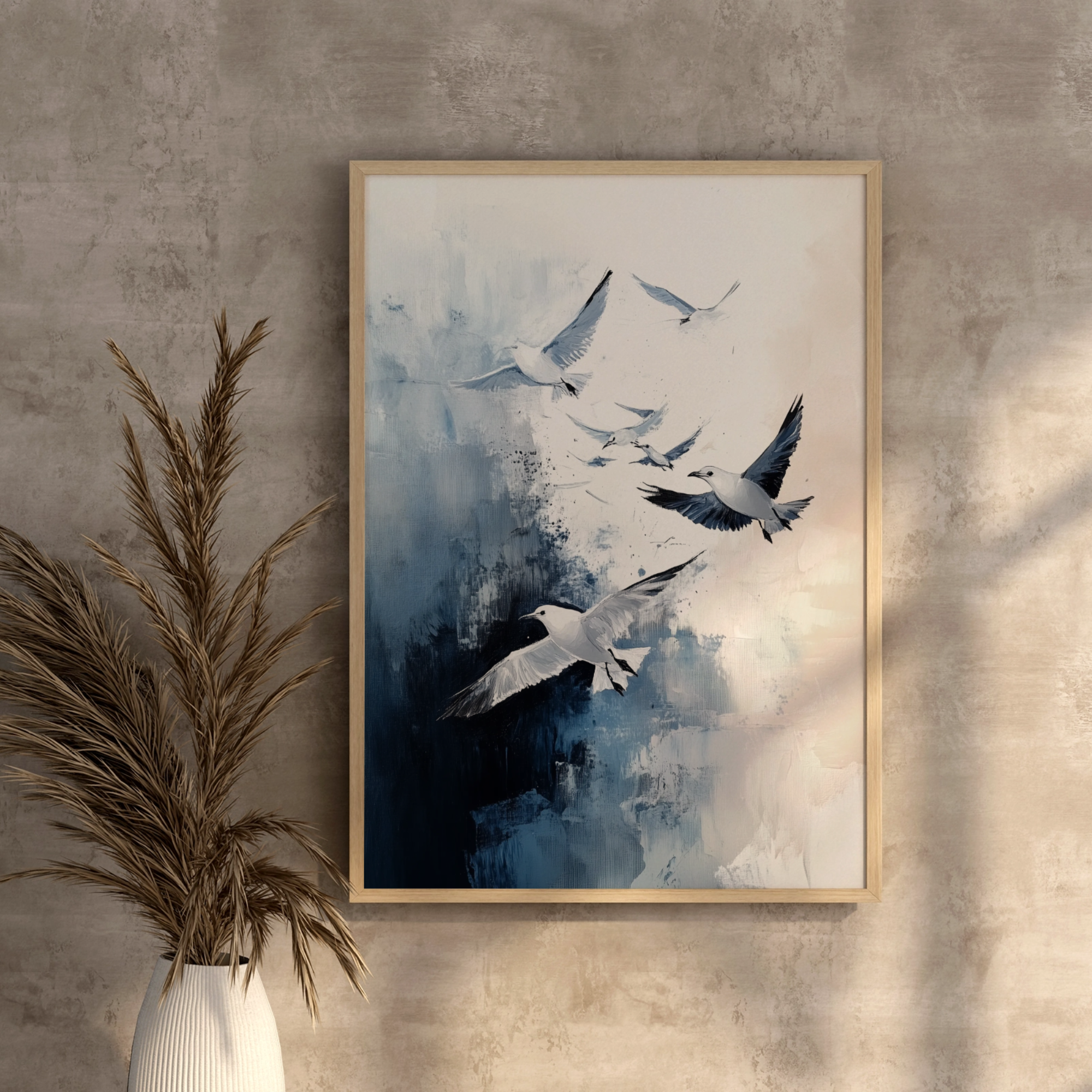 Dynamic Flight: Oil Painting of White Seagulls Against a Dark, Colorful Background. High Resolution Digital Download 300 DPI