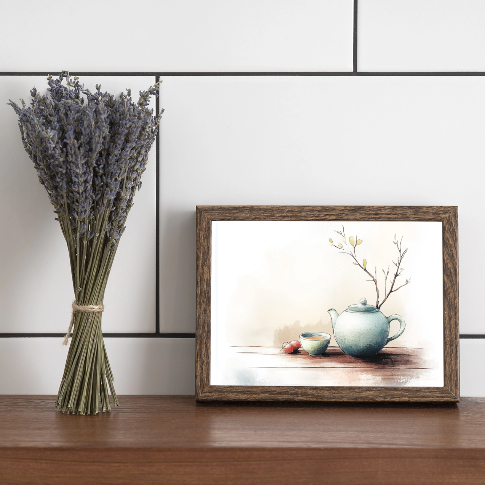 Elegant Tea Ceremony: Watercolor Painting of Green Teapot and Teacup on Wooden Table. High Resolution Digital Download 300 DPI