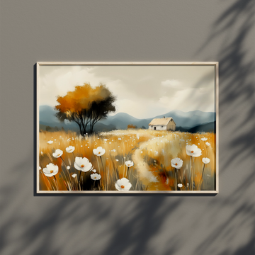 Serene Watercolor Landscape: White Daisies, Lone Tree, and Majestic Mountains. High Resolution Digital Download 300 DPI