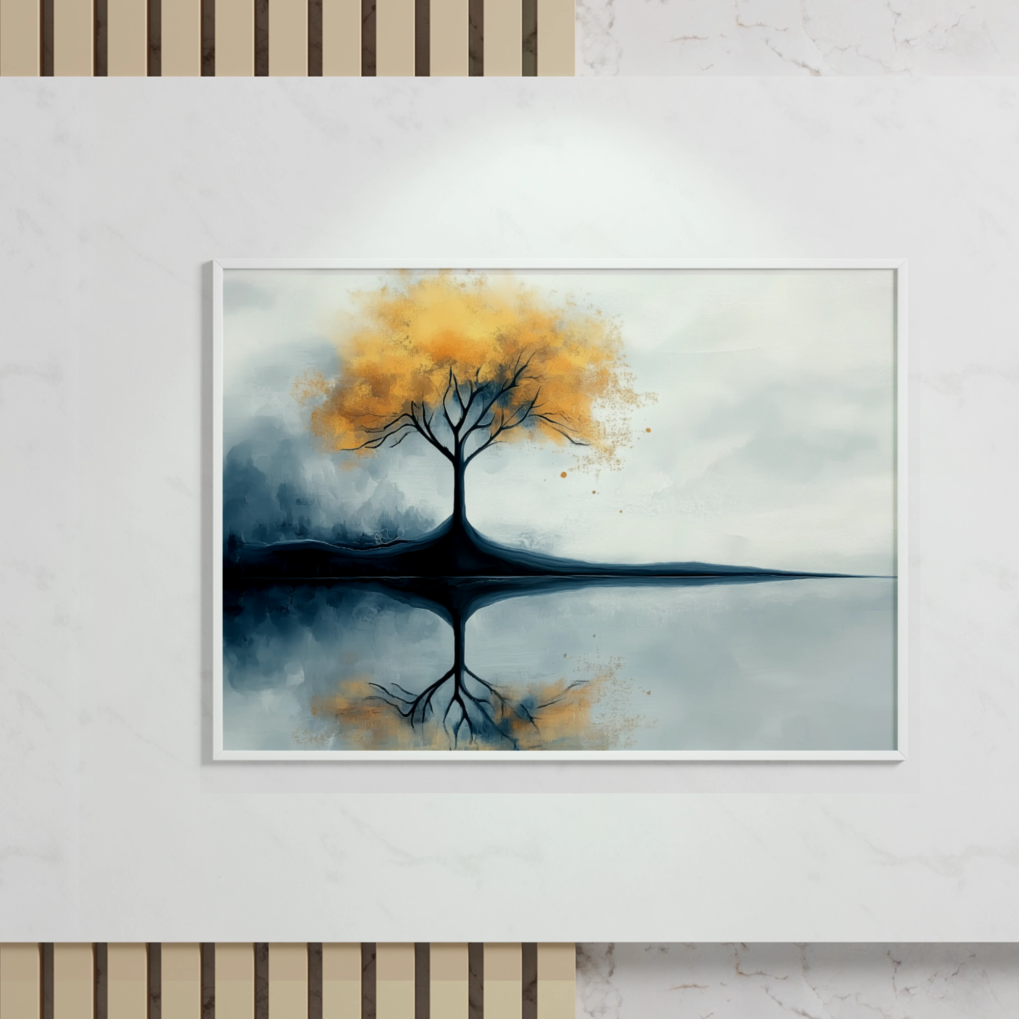 Solitary Reflection: Bare Tree Silhouetted Against Vibrant Sunset Waters. High Resolution Digital Download 300 DPI
