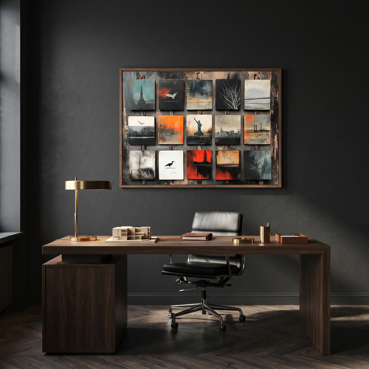 Americana collage print on a dark wall above a desk