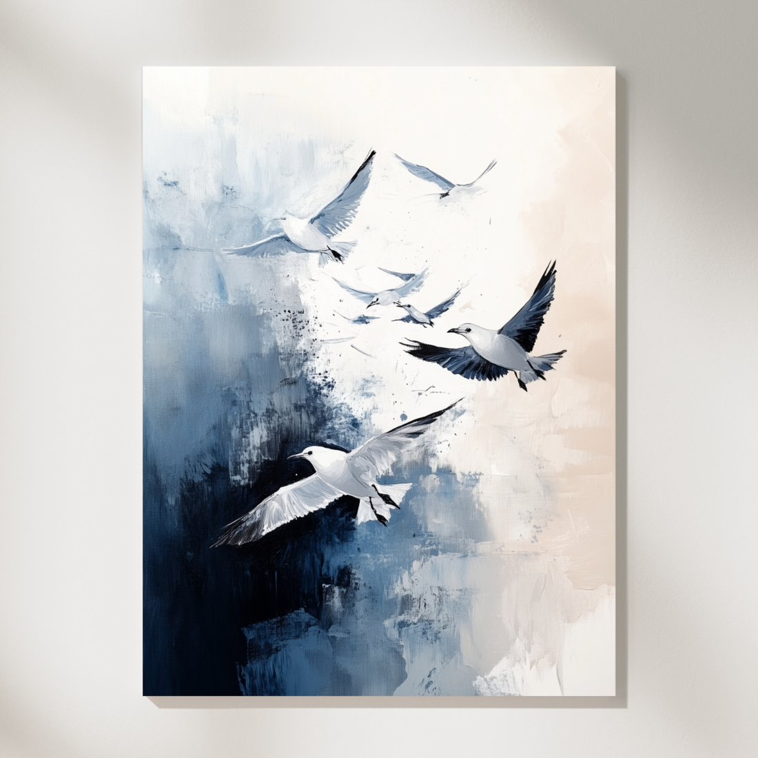 Dynamic Flight, Oil Painting of White Seagulls Against a Dark, Colorful Background. High Resolution Digital Download 300 DPI