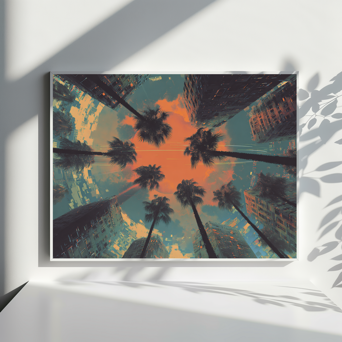 Retro Futuristic Cityscape Art With Glitched Palm Trees And Sunset Sky. High Resolution Digital Download 300 DPI.
