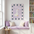 Silly goose art above a lavender daybed