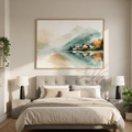 Mirror lake print above a beige bed