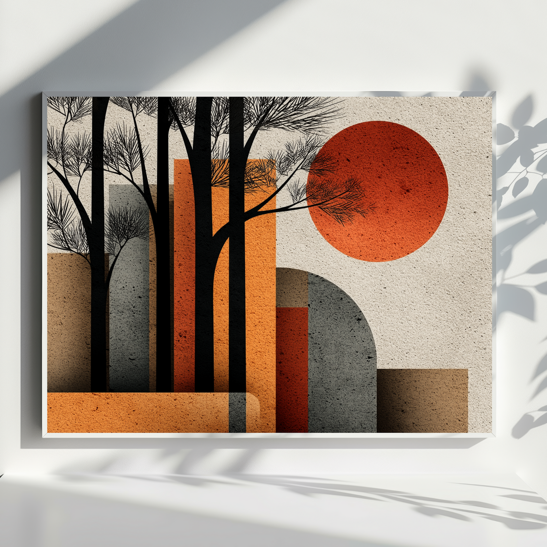Mid Century Geometric Wall Art with Abstract Trees and Sun. High Resolution Digital Download 300 DPI.