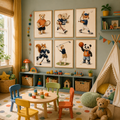 Sports animal prints above a playroom table
