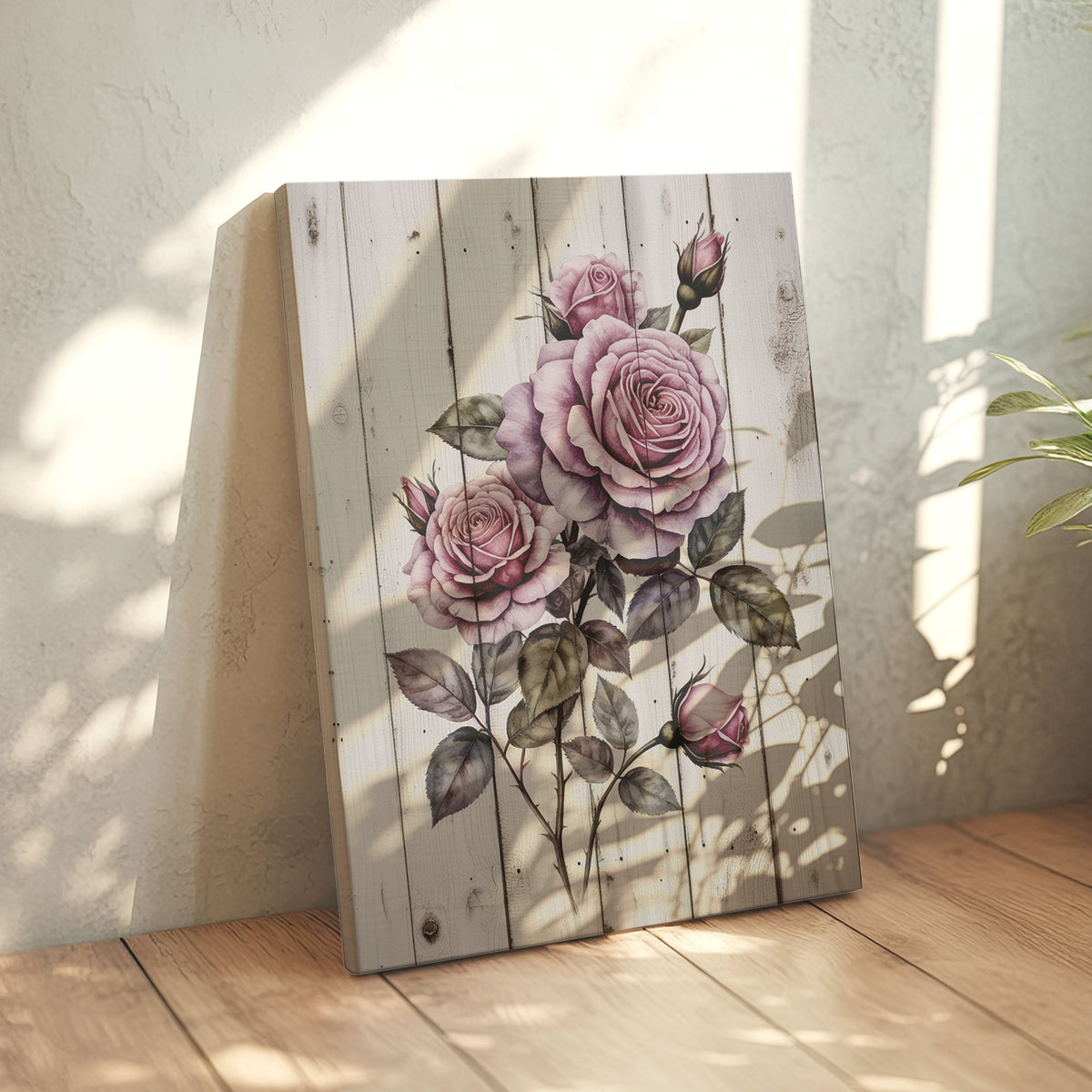Cottage roses art leaning on a floor