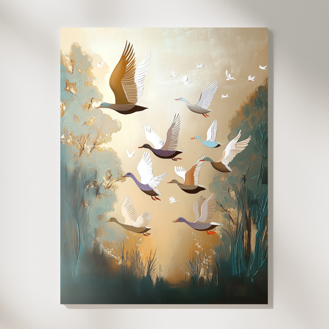 Joyful Flight, Dynamic Painting of a Flock of Ducks in Vibrant Colors. High Resolution Digital Download 300 DPI