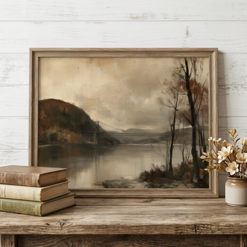 Vintage Hudson River Valley Landscape Oil Painting, Autumn Bridge Wall Art. High Resolution Digital Download 300 DPI.