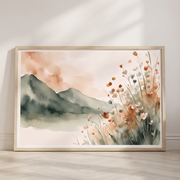 Minimalist Mountain Meadow Watercolor Landscape Wall Art With Wildflowers. High Resolution Digital Download 300 DPI.