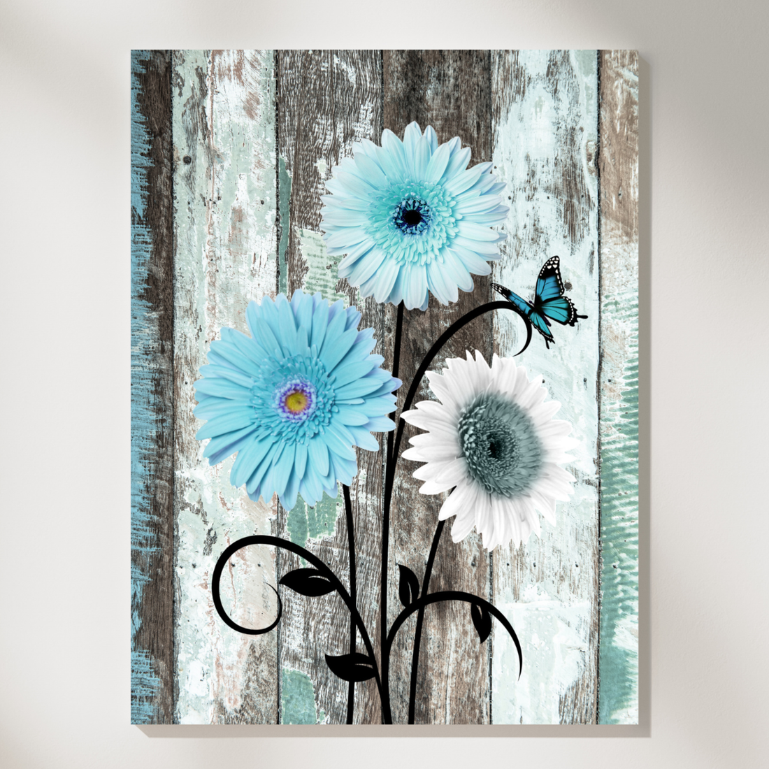Floral Art With Blue Daisies And Butterfly Print. High Resolution Digital Download 300 DPI.