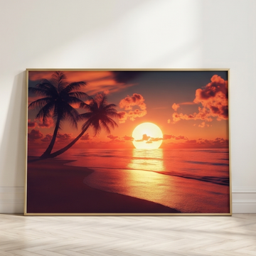 Golden Hour Paradise, Expansive Beach Sunset with Palm Silhouettes Art. High Resolution Digital Download 300 DPI.