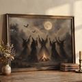 Dark painting of cloaked witches gathered around a bonfire under a full moon with flying bats