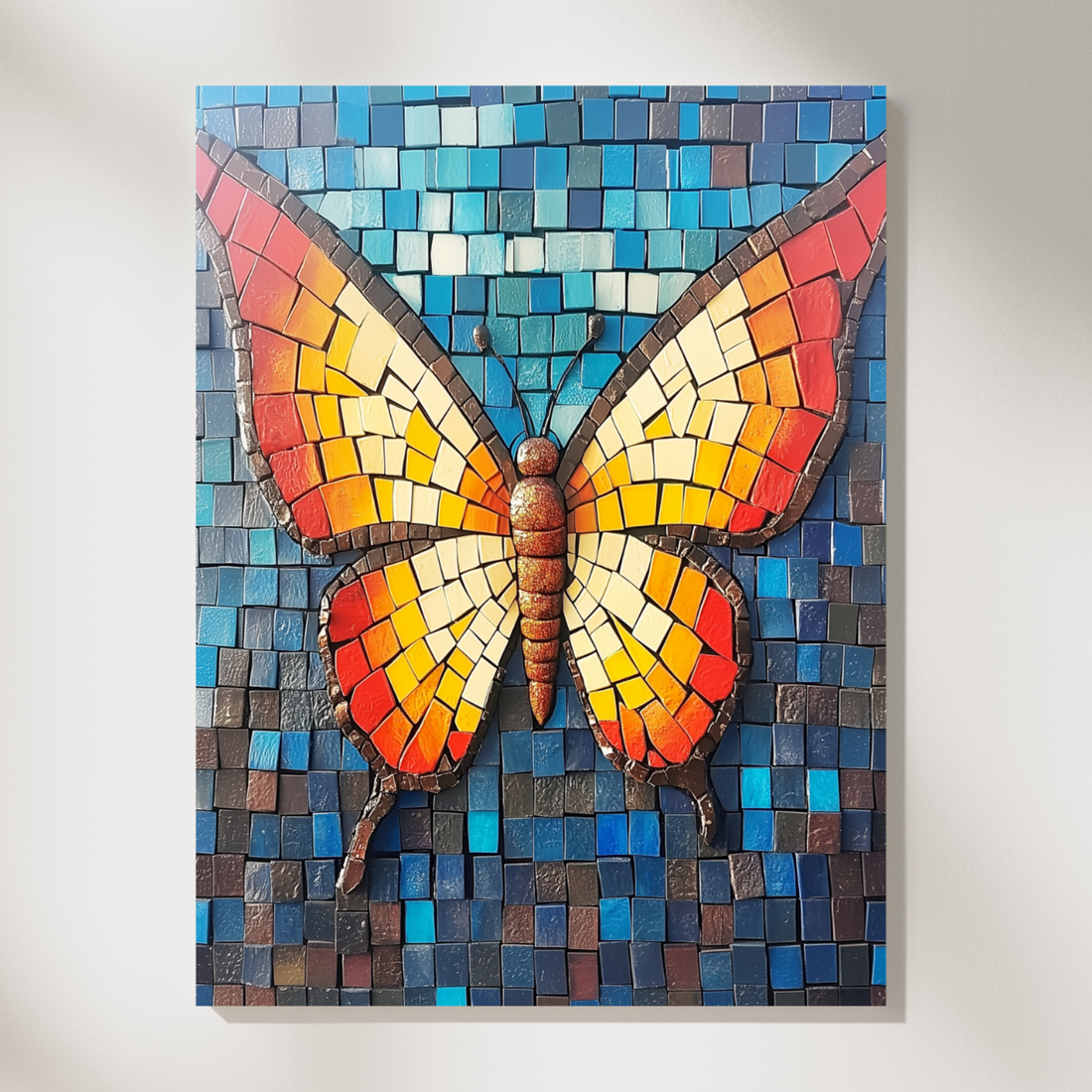 Mosaic Butterfly Brilliance, Vibrant Wings in Orange, Yellow, and Blue Tiles. High Resolution Digital Download 300 DPI