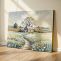 Cottage watercolor leaning on a wooden floor in sunlight
